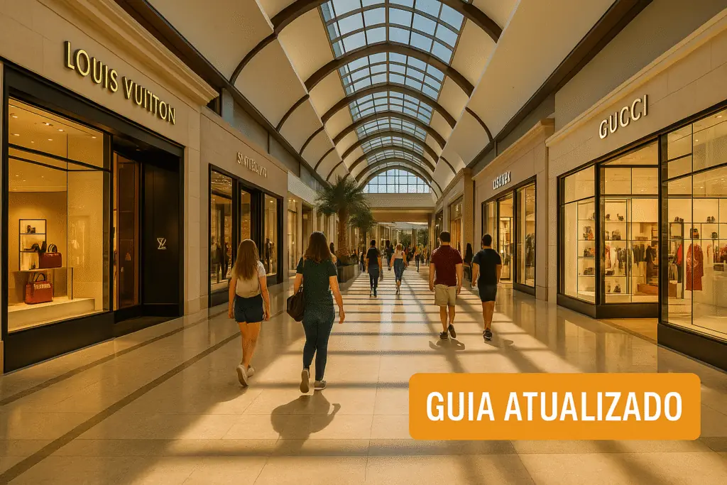 Interior iluminado do The Mall at Millenia com lojas de luxo e selo “Guia Atualizado” ao canto.