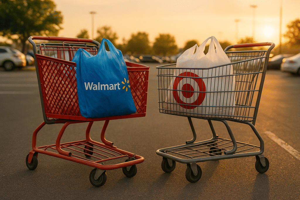 Carrinhos de compras com sacolas do Walmart e Target lado a lado ao entardecer em estacionamento.