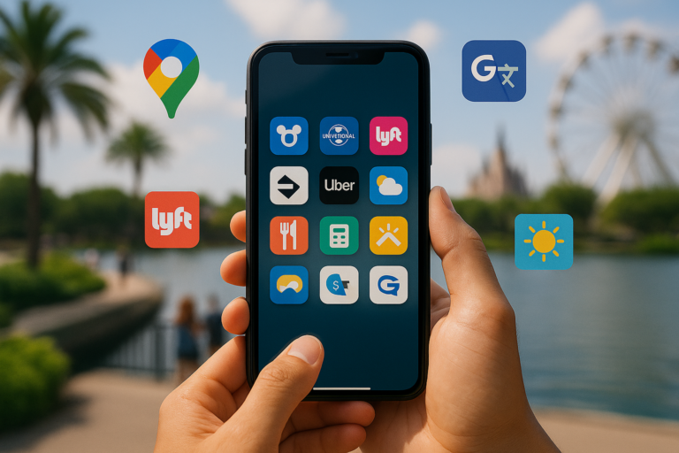 Fotografia digital mostrando uma pessoa segurando um smartphone com aplicativos de viagem abertos, incluindo mapas e reservas, com fundo desfocado de parque temático e roda-gigante ao entardecer, remetendo à experiência de explorar Orlando com tecnologia.