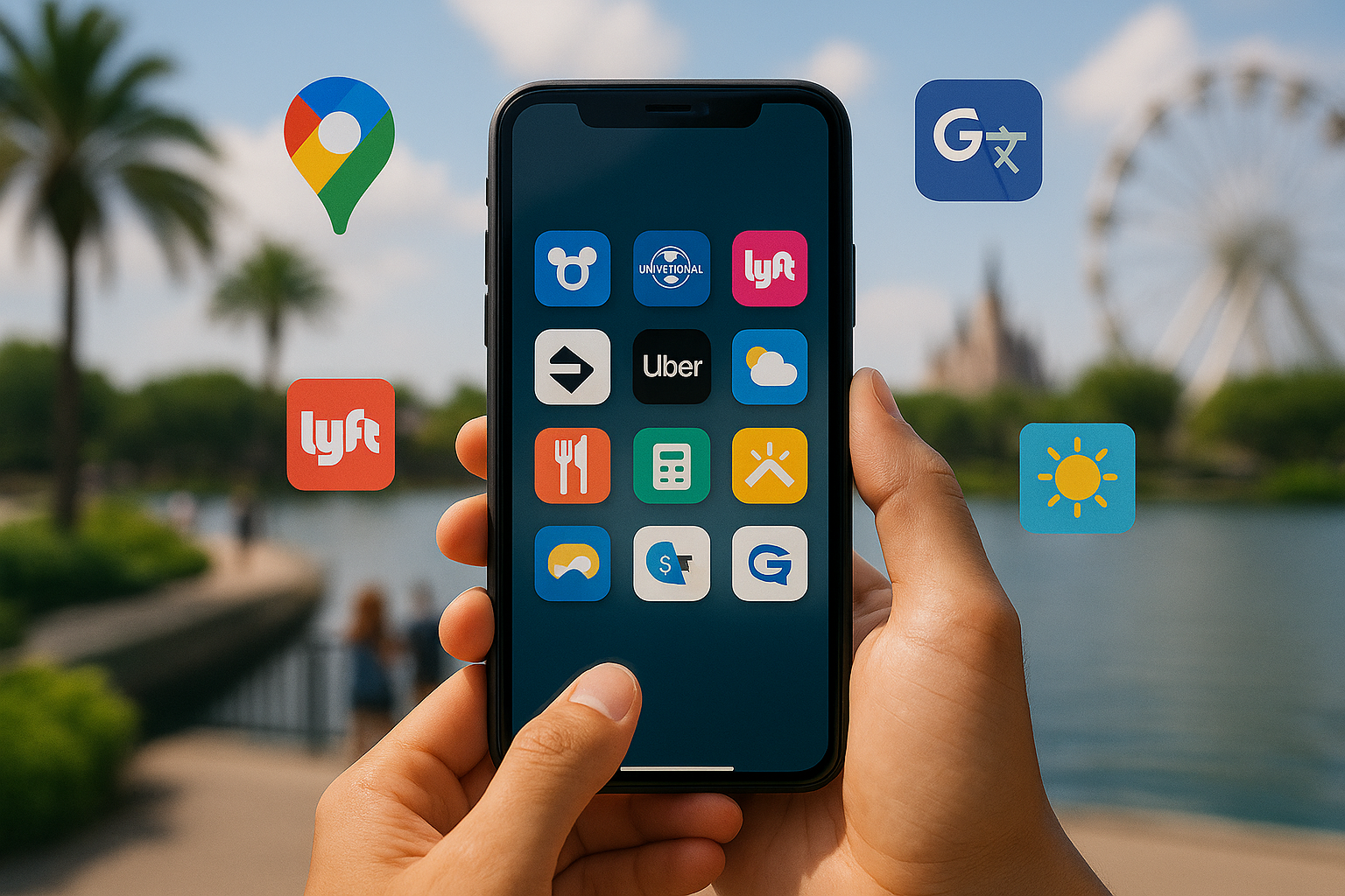 Fotografia digital mostrando uma pessoa segurando um smartphone com aplicativos de viagem abertos, incluindo mapas e reservas, com fundo desfocado de parque temático e roda-gigante ao entardecer, remetendo à experiência de explorar Orlando com tecnologia.