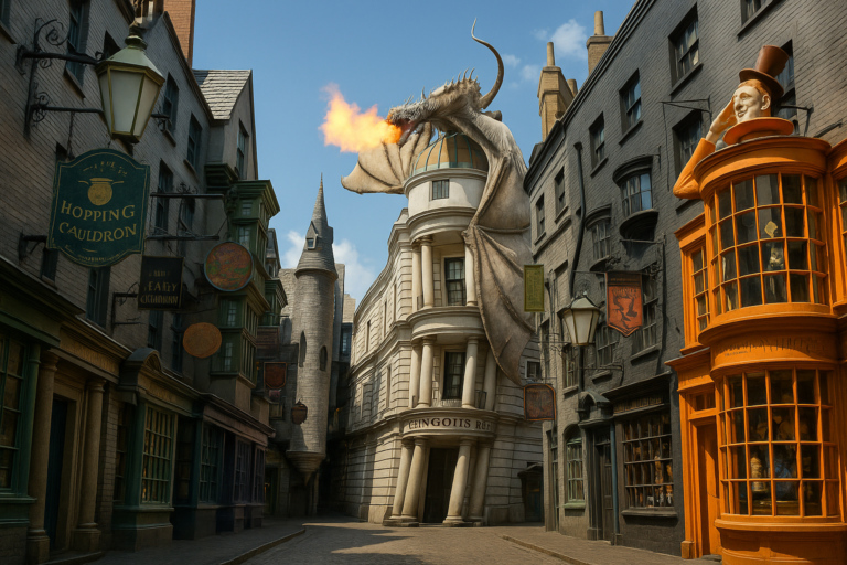 Fotografia de alta resolução capturando o Beco Diagonal na Universal Studios Florida, com o dragão cuspindo fogo no topo do banco Gringotes, ruas de paralelepípedos, vitrines mágicas e arquitetura típica do mundo bruxo, sob céu azul claro.