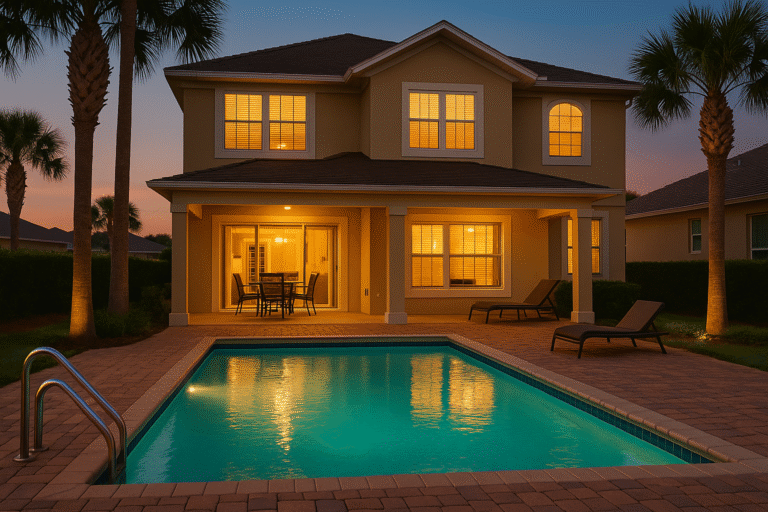 Casa de temporada com fachada clássica americana, piscina iluminada ao entardecer e palmeiras ao redor, localizada em região próxima aos parques de Orlando.