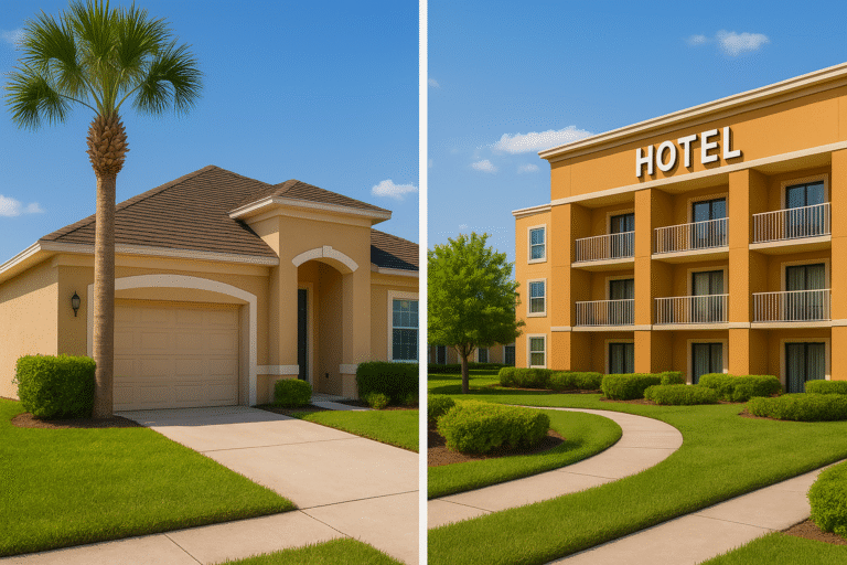 Comparação visual em um dia ensolarado entre uma casa de temporada com jardim verde e piscina, e um hotel padrão com entrada arborizada, representando opções de hospedagem em Orlando.