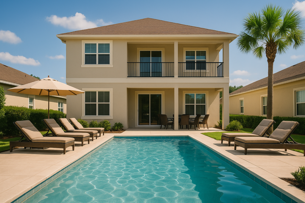 Fotografia hiper-realista de uma casa de temporada em Orlando com dois andares, fachada clara e piscina retangular em primeiro plano. O ambiente é ensolarado, com cadeiras de sol ao redor da piscina, guarda-sóis e uma palmeira ao fundo, sugerindo conforto, lazer e clima tropical.