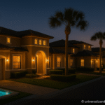 Fachada de casas luxuosas em condomínio fechado com palmeiras e piscina iluminada ao entardecer na região de Orlando.