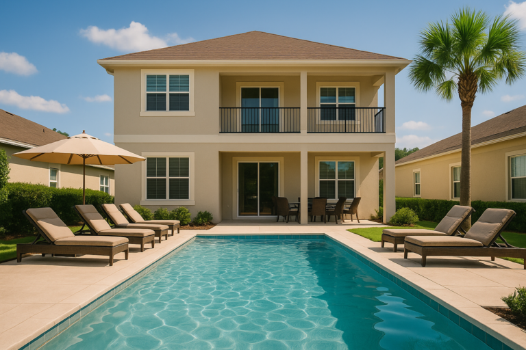 Fotografia hiper-realista de uma casa de temporada em Orlando com dois andares, fachada clara e piscina retangular em primeiro plano. O ambiente é ensolarado, com cadeiras de sol ao redor da piscina, guarda-sóis e uma palmeira ao fundo, sugerindo conforto, lazer e clima tropical.