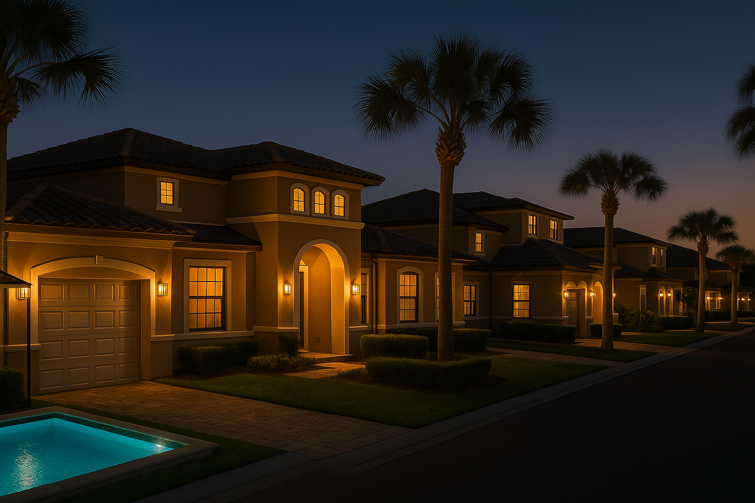 Fachada de casas luxuosas em condomínio fechado com palmeiras e piscina iluminada ao entardecer na região de Orlando.