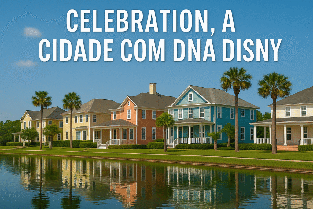 Celebration cidade Disney com casas coloridas à beira de lago espelhado, sob céu azul claro.