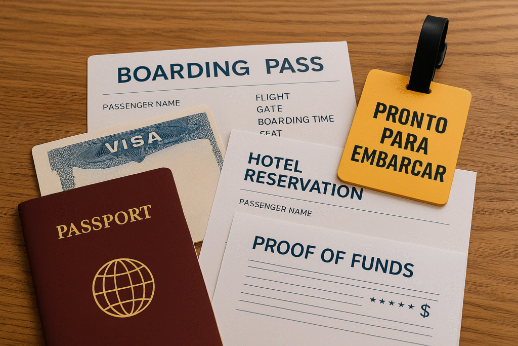 Documentos de viagem organizados com etiqueta “Pronto para embarcar” sobre mesa de madeira.
