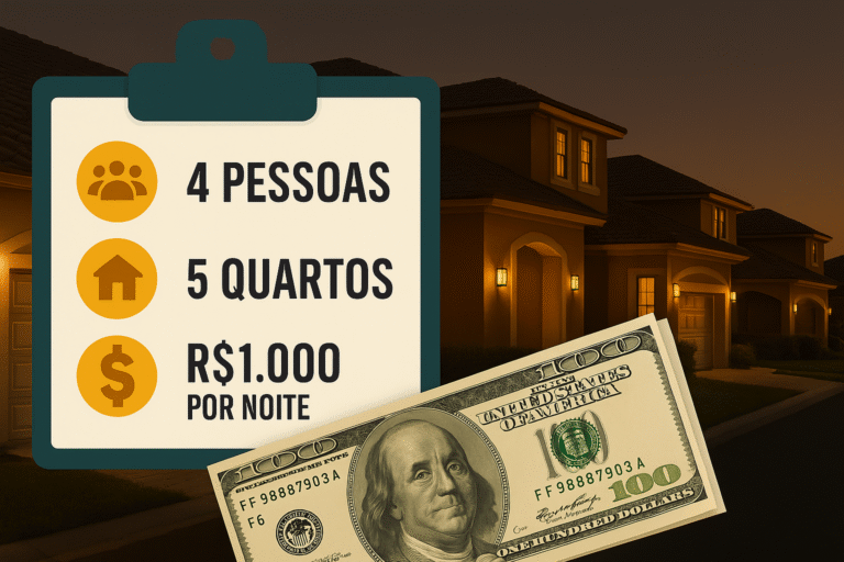 Prancheta com informações em destaque mostrando: “4 pessoas, 5 quartos, R$1.000 por noite”, sobre fundo de casas de temporada iluminadas ao entardecer, com notas de dólar em primeiro plano.