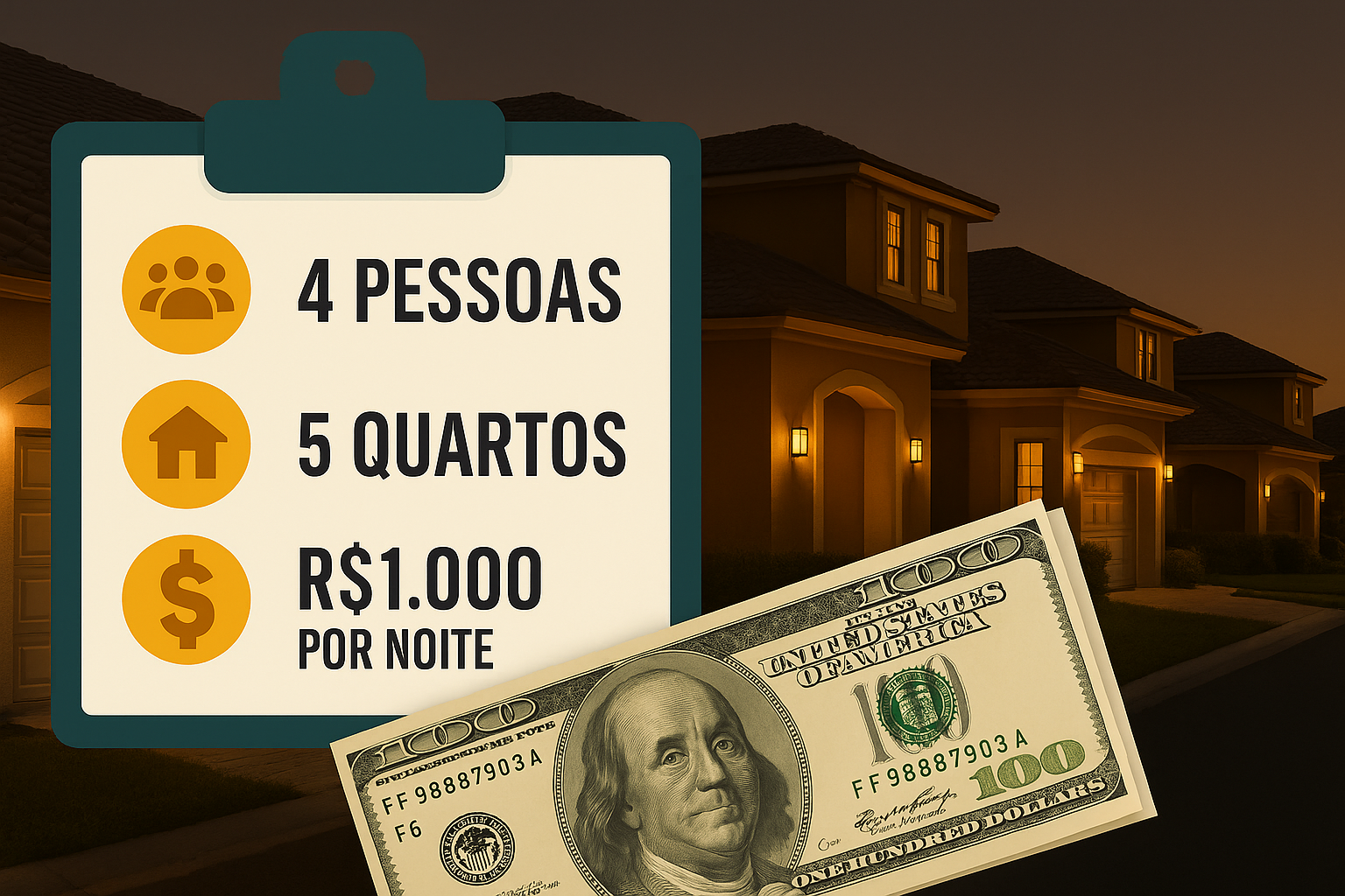 Prancheta com informações em destaque mostrando: “4 pessoas, 5 quartos, R$1.000 por noite”, sobre fundo de casas de temporada iluminadas ao entardecer, com notas de dólar em primeiro plano.