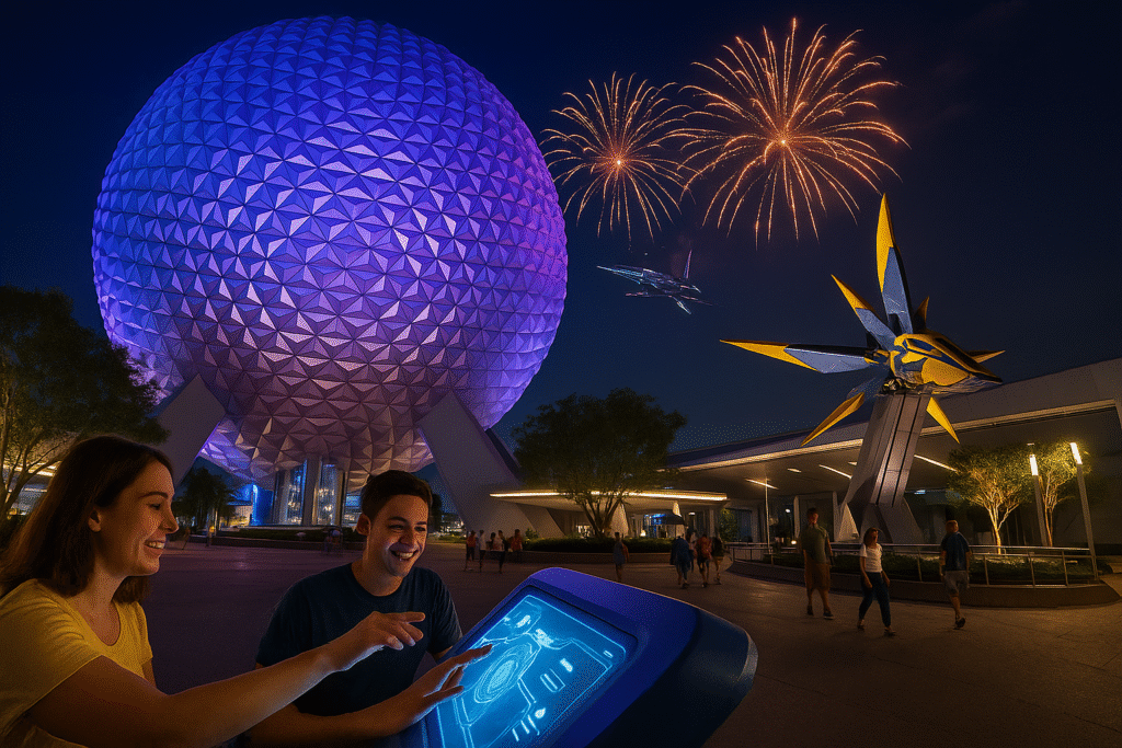 Esfera iluminada do EPCOT ao anoitecer com fogos ao fundo, visitantes interagindo com painel digital e nave dos Guardiões da Galáxia em destaque.