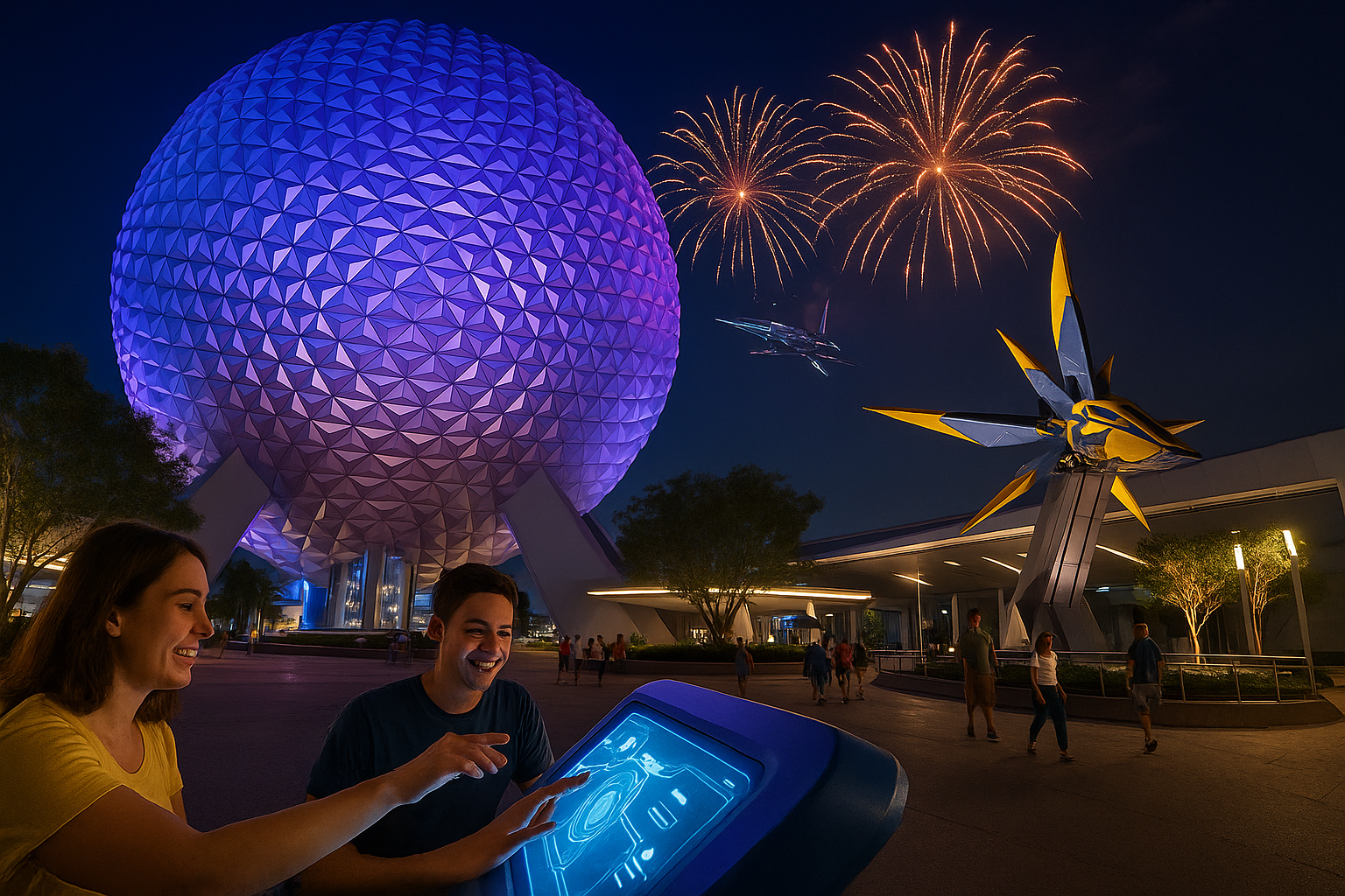 Esfera iluminada do EPCOT ao anoitecer com fogos ao fundo, visitantes interagindo com painel digital e nave dos Guardiões da Galáxia em destaque.