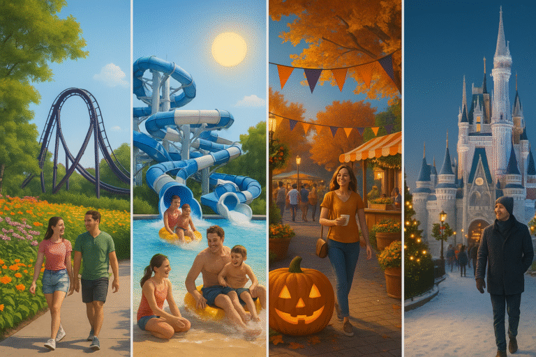 Ilustração hiper-realista dividida em quatro quadrantes mostrando as estações do ano nos parques de Orlando: primavera com flores e montanha-russa, verão com famílias em toboáguas sob sol forte, outono com decoração de Halloween e feira gastronômica ao entardecer, e inverno com castelo decorado para o Natal sob clima frio e luzes festivas.