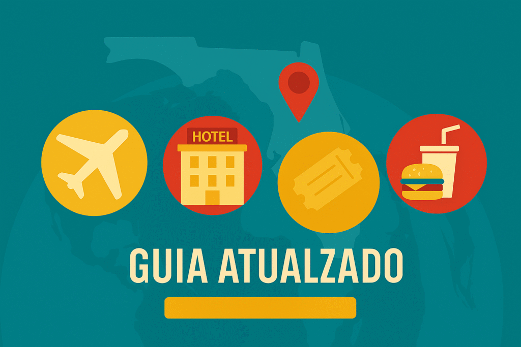 Ícones de viagem sobre mapa da Flórida com selo “Guia Atualizado” ao centro