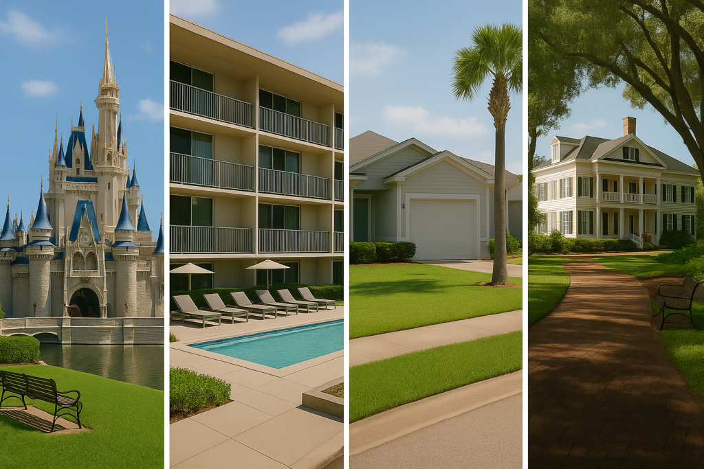 Montagem fotográfica hiper-realista dividida em quatro painéis verticais mostrando opções de hospedagem em Orlando: o castelo da Disney em Lake Buena Vista, hotel com piscina em International Drive, casa suburbana típica de Kissimmee e hospedagem charmosa com árvores em Celebration.