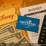 Ingressos da Disney e Universal, notas de dólar, planilha de orçamento e calculadora sobre fundo temático de viagem econômica.