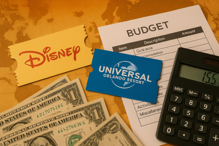 Ingressos da Disney e Universal, notas de dólar, planilha de orçamento e calculadora sobre fundo temático de viagem econômica.