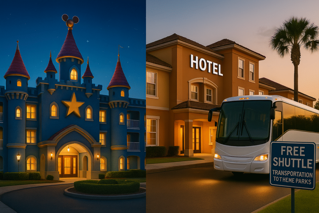 Comparação visual entre hotel mágico inspirado na Disney e hotel parceiro com transfer gratuito, lado a lado em estilo hiperrealista.