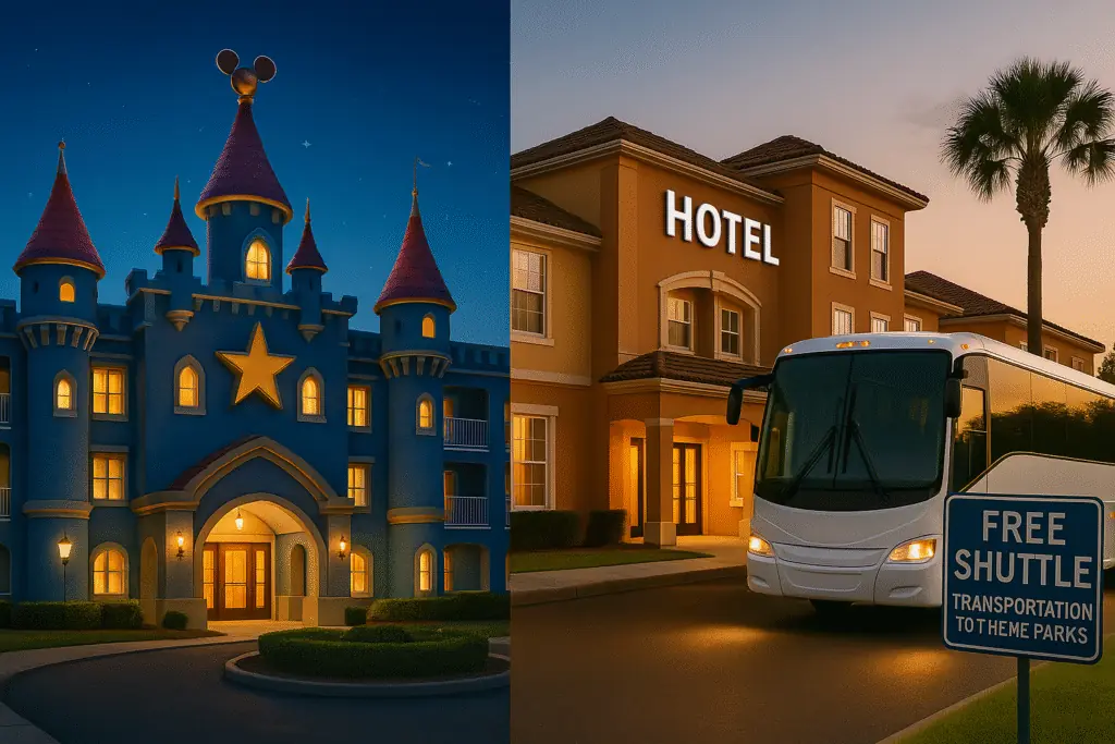 Comparação visual entre hotel mágico inspirado na Disney e hotel parceiro com transfer gratuito, lado a lado em estilo hiperrealista.