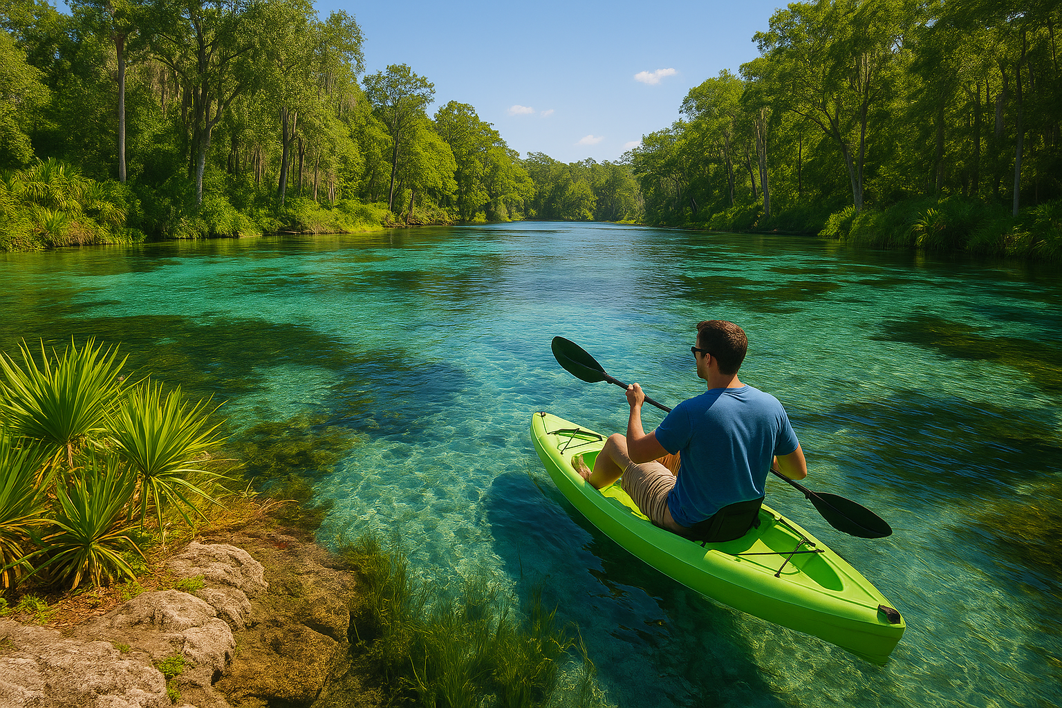 Fotografia de alta resolução mostrando um homem em um caiaque verde deslizando sobre as águas cristalinas de uma spring próxima a Orlando, cercada por vegetação exuberante, árvores altas e céu claro, com atmosfera tranquila e natural.