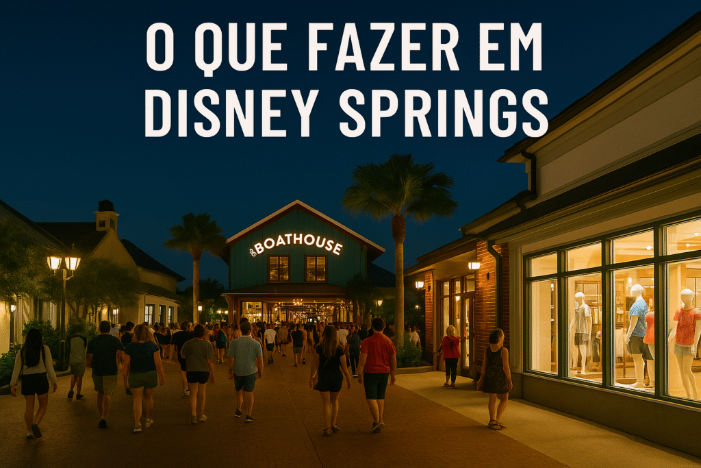 Disney Springs à noite com visitantes caminhando entre lojas iluminadas e o restaurante BOATHOUSE ao fundo.