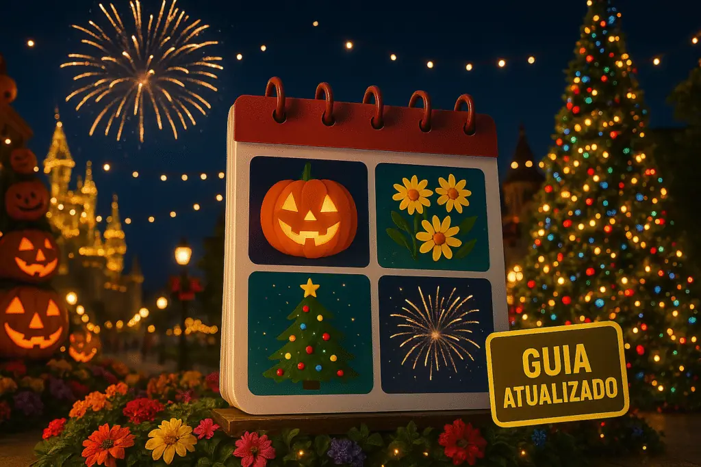 Cena noturna mágica com calendário e ícones sazonais, luzes festivas, fogos, abóboras e árvore de Natal.