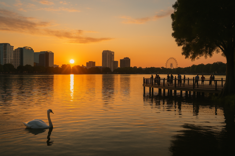 Fotografia digital de um pôr do sol sobre um lago em Orlando, com o sol dourado refletindo na água, um cisne nadando, pessoas observando o pôr do sol em um píer e o skyline da cidade ao fundo, incluindo uma roda-gigante.