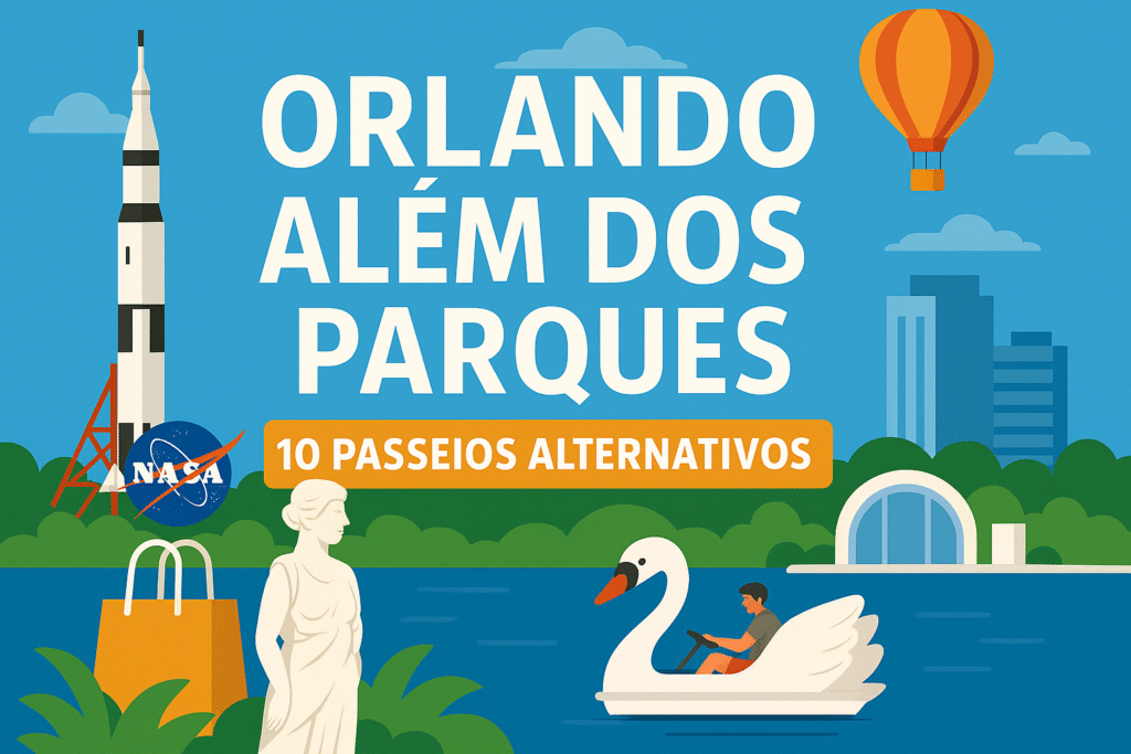 Imagem ilustrativa de Orlando além dos parques com balão, lago, cisne, escultura e foguete da NASA width="1200" height="630"
