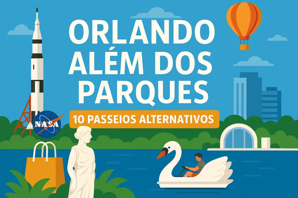 Imagem ilustrativa de Orlando além dos parques com balão, lago, cisne, escultura e foguete da NASA width="1200" height="630"

