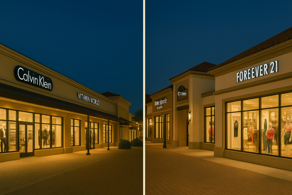 Fachadas iluminadas dos outlets Vineland e International Premium em Orlando, capturadas ao entardecer.