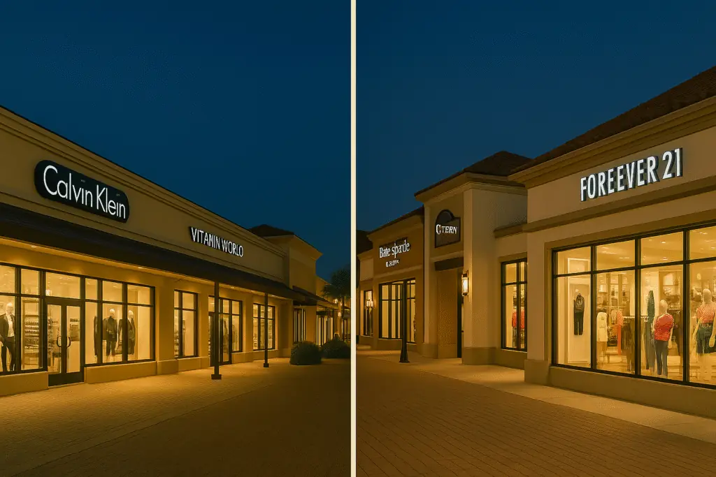Fachadas iluminadas dos outlets Vineland e International Premium em Orlando, capturadas ao entardecer.