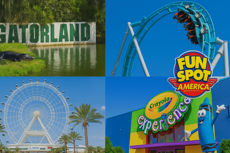 Colagem com quatro parques menos cheios de Orlando: Gatorland com jacaré à beira do lago, montanha-russa do Fun Spot America, roda-gigante do ICON Park e fachada colorida da Crayola Experience.