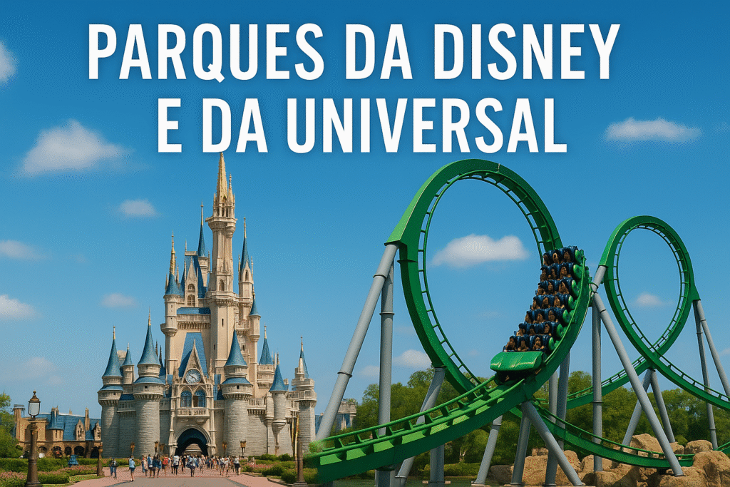 Imagem promocional comparando os parques da Disney e da Universal, com o Castelo da Cinderela do Magic Kingdom à esquerda e a montanha-russa do Hulk da Universal à direita, sob um céu azul com nuvens leves.