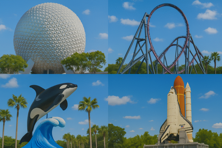 Colagem dividida em quatro quadrantes com ícones dos parques de Orlando: esfera do EPCOT (Disney), montanha-russa da Universal Studios, escultura de orca do SeaWorld e réplica do ônibus espacial em LEGO no LEGOLAND, todos sob céu azul e clima ensolarado.