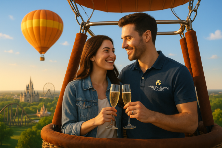 Casal em passeio romântico de balão ao amanhecer, brindando com taças de champanhe, com parques de diversões ao fundo, incluindo montanha-russa, roda-gigante e castelo, sob céu claro e ensolarado.