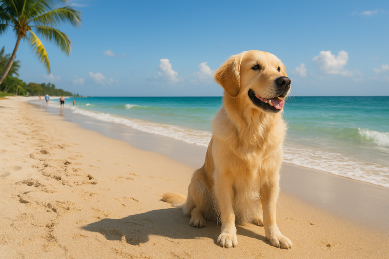 Fotografia de alta resolução mostrando um golden retriever sentado em uma praia pet friendly na Flórida, com areia clara, mar azul e palmeiras ao fundo, sob um céu ensolarado com poucas nuvens.