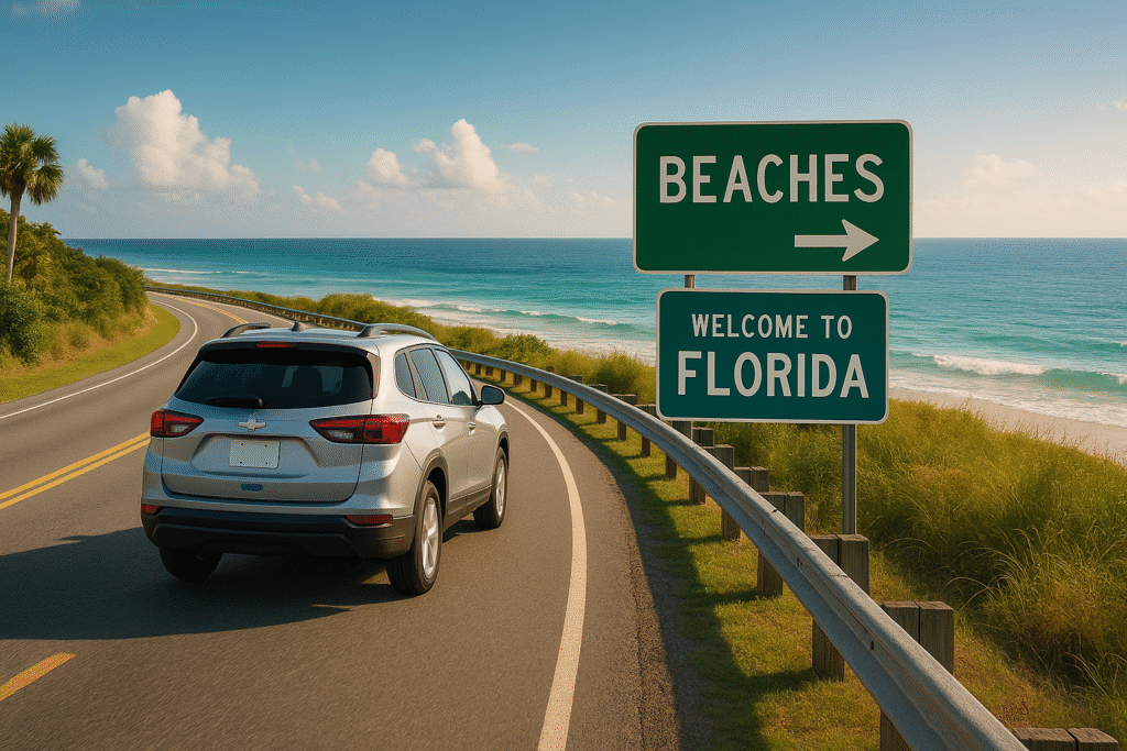 SUV prata em estrada costeira na Flórida, com placas indicando direção para as praias e mar azul ao fundo.