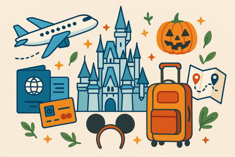 Ilustração estilo flat com ícones clássicos de viagem para Orlando — castelo da Disney ao centro, mala laranja, passaporte, avião, orelhas do Mickey, cartão de crédito, abóbora de Halloween e mapa com rota, sobre fundo bege claro.