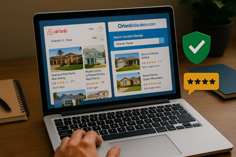 Tela de notebook aberta com comparativo entre Airbnb e site OrlandoVacation.com, mostrando casas em Orlando com avaliações, preços e ícones de segurança.