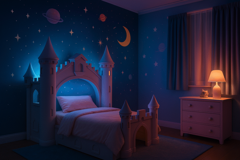 Quarto infantil decorado com cama em formato de castelo, mural colorido com céu estrelado, luzes suaves e atmosfera mágica inspirada em contos de fadas.