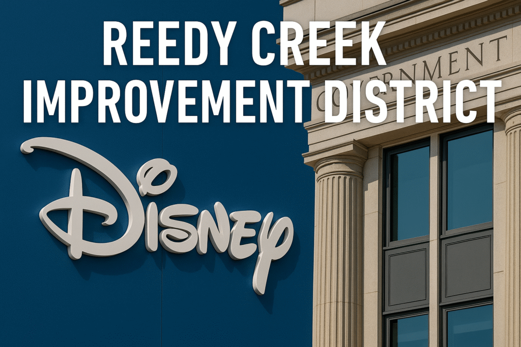 Reedy Creek Improvement District com fachada governamental e logotipo da Disney ao lado.