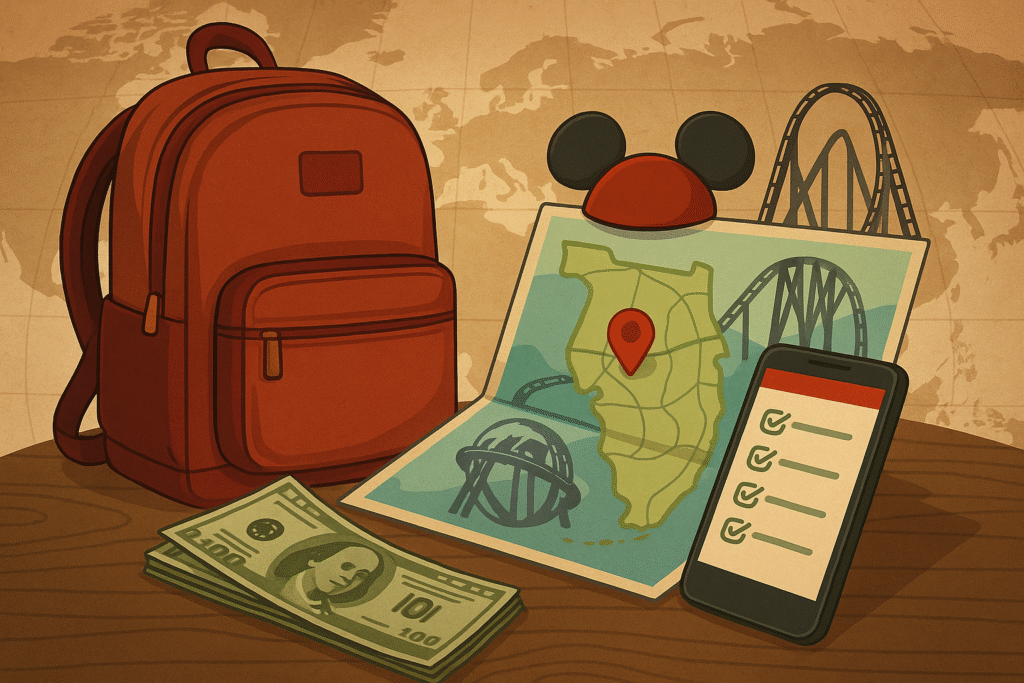 Ilustração com mapa turístico, mochila vermelha, dólares, celular com checklist e ícones que remetem à Disney e Universal sobre fundo temático de viagem econômica.
