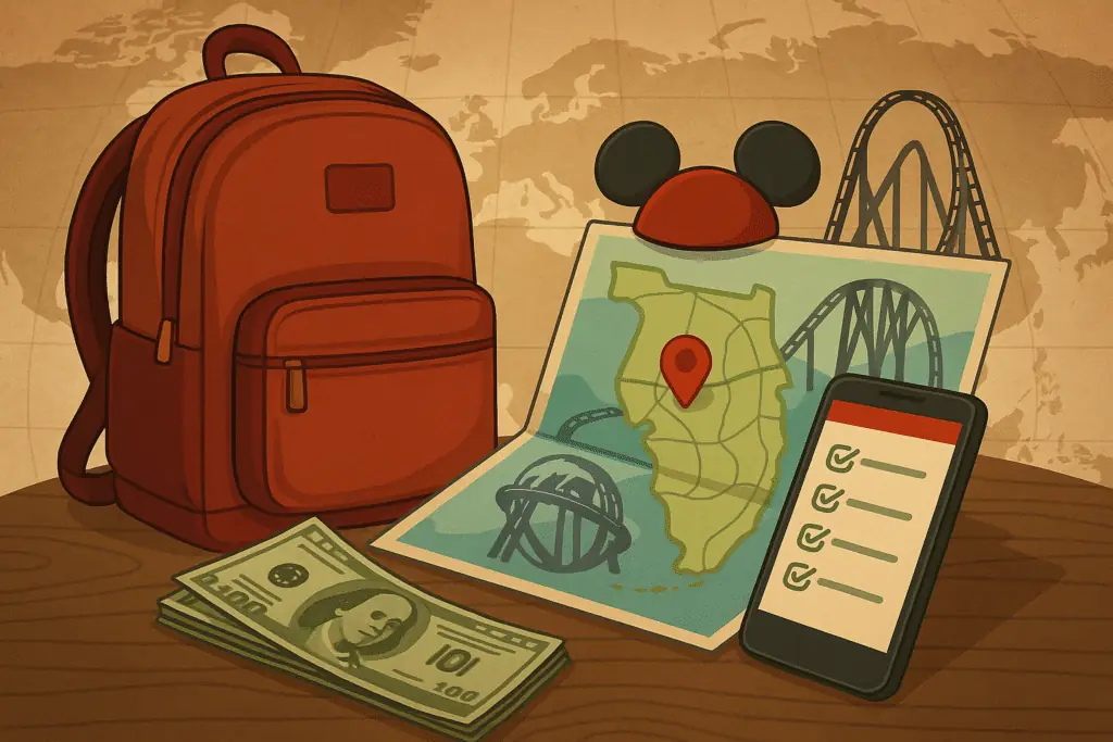  Ilustração com mapa turístico, mochila vermelha, dólares, celular com checklist e ícones que remetem à Disney e Universal sobre fundo temático de viagem econômica.