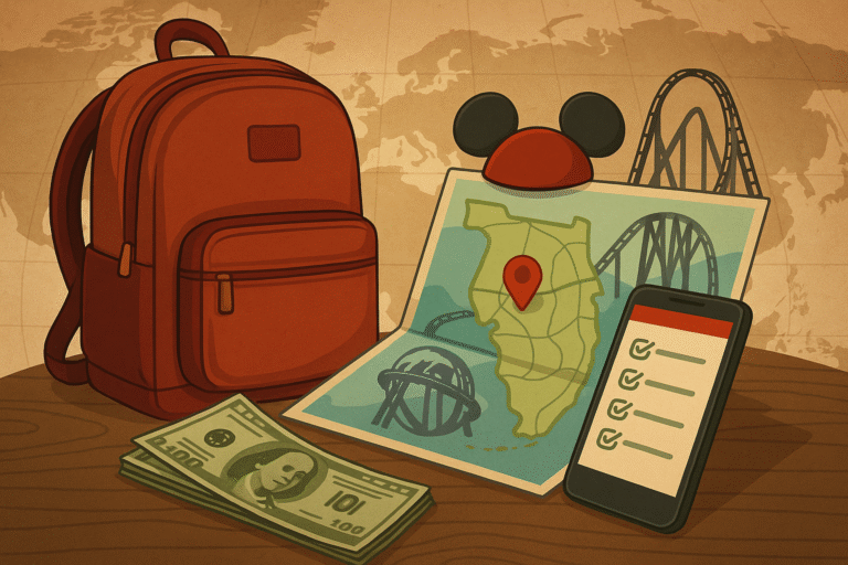 Ilustração com mapa turístico, mochila vermelha, dólares, celular com checklist e ícones que remetem à Disney e Universal sobre fundo temático de viagem econômica.