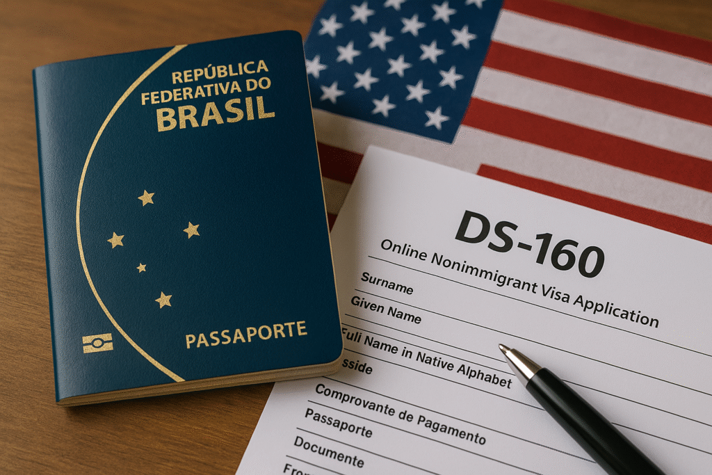 Passaporte brasileiro e formulário DS-160 sobre bandeira dos EUA, simbolizando processo de visto americano para turismo.