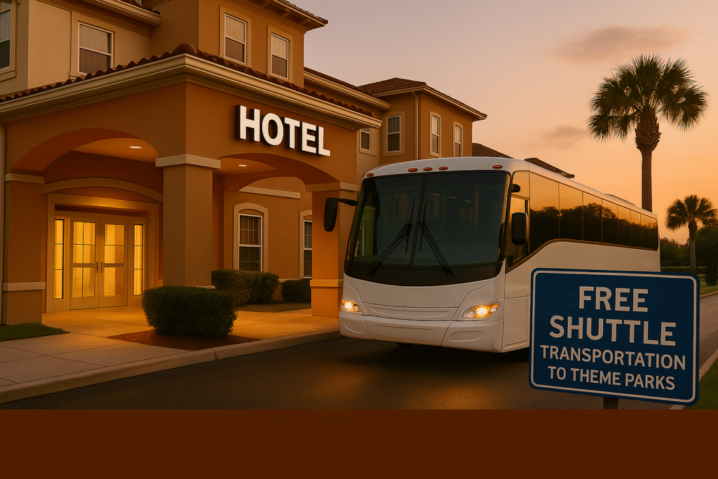 Entrada de hotel com ônibus de transfer gratuito e placa informativa para parques temáticos.