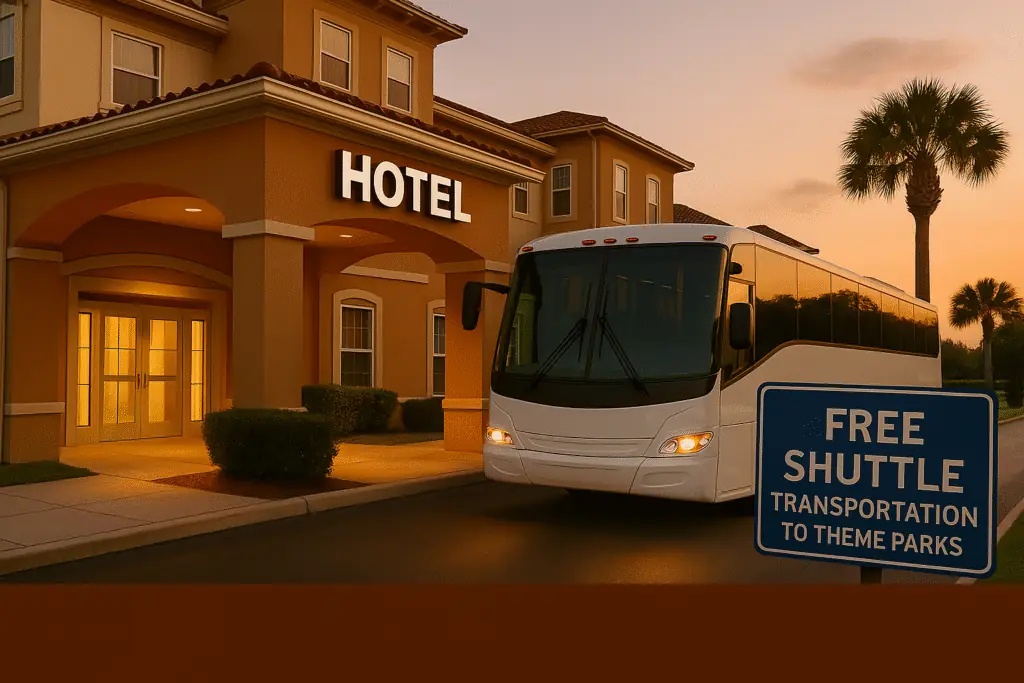 Entrada de hotel com ônibus de transfer gratuito e placa informativa para parques temáticos.