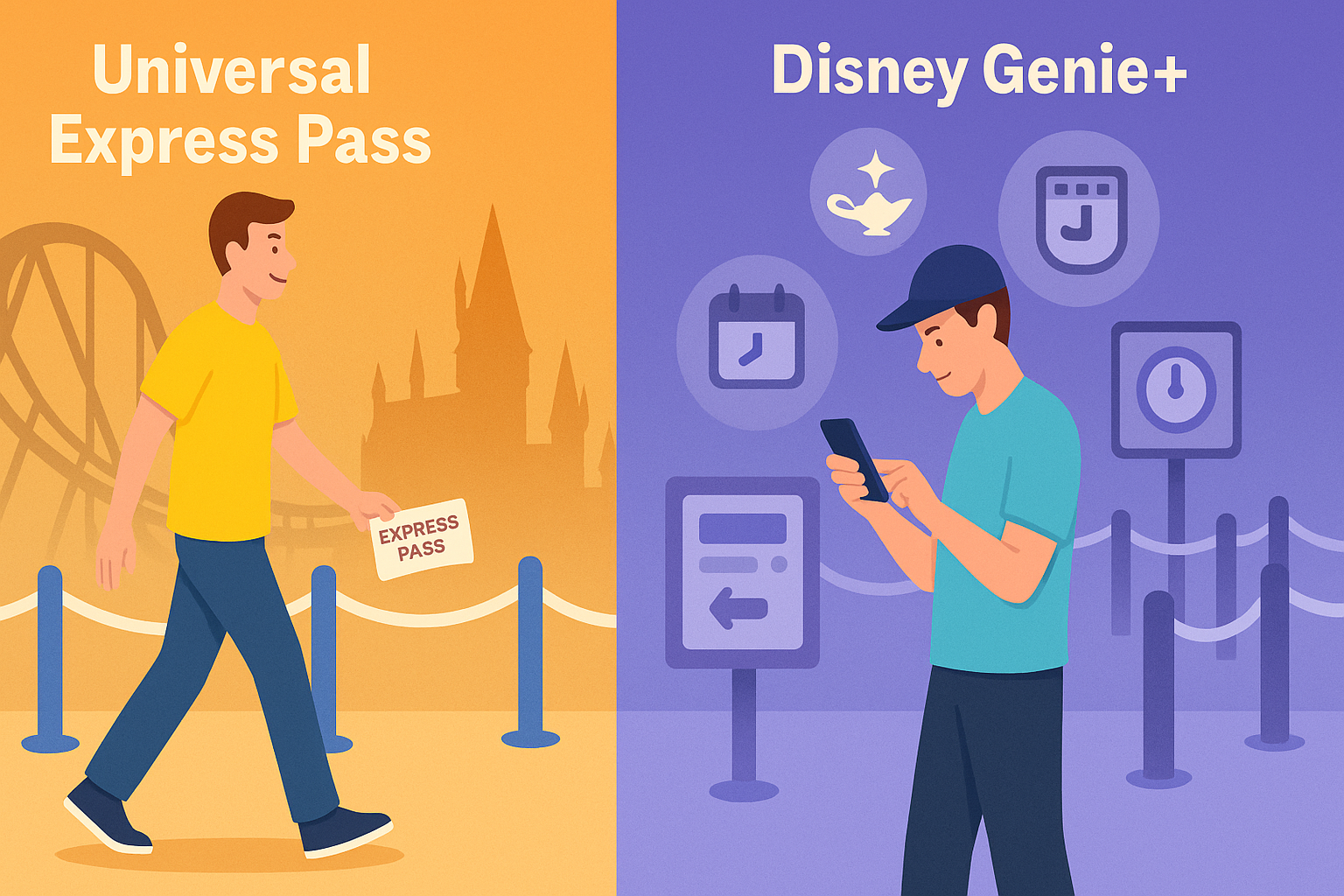 Ilustração comparativa em estilo flat entre o Universal Express Pass e o Disney Genie+: à esquerda, visitante relaxado caminha por fila vazia com cartão na mão e montanha-russa ao fundo; à direita, visitante concentrado no celular cercado por ícones de app e placas de horário, com cores laranja e roxa separando os lados.