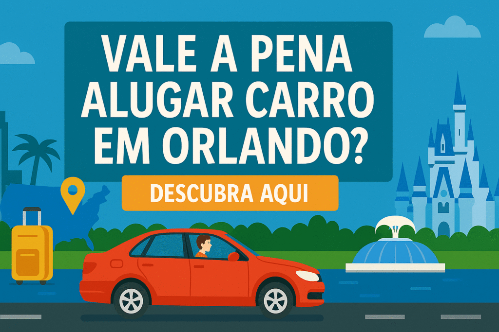 Vale a pena alugar carro em Orlando? Ilustração com carro, mala e castelo ao fundo, representando mobilidade e turismo na cidade.